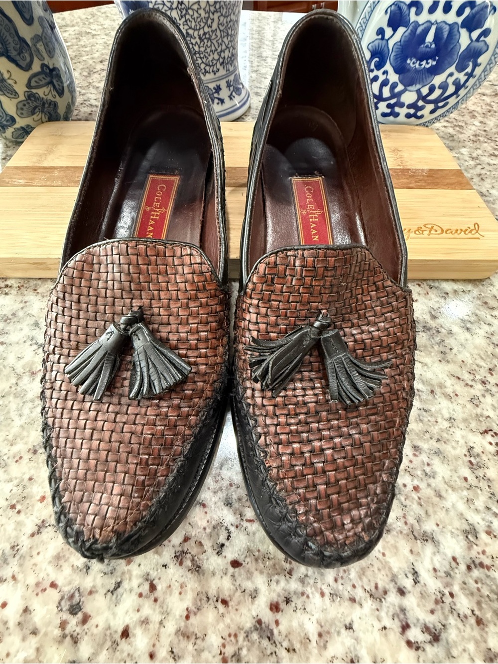 Cole Haan Brown Woven Leather Tassel Loafers